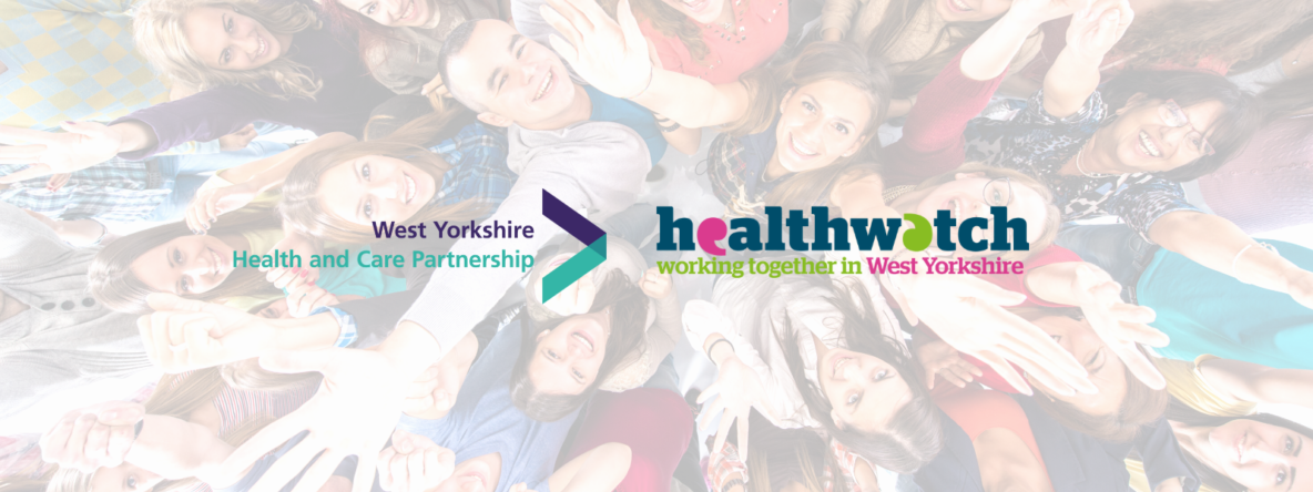 Cover image of the West Yorkshire Health and care partnership logo and healthwatch working together in west yorkshire logo above a group of smiling people, waving.