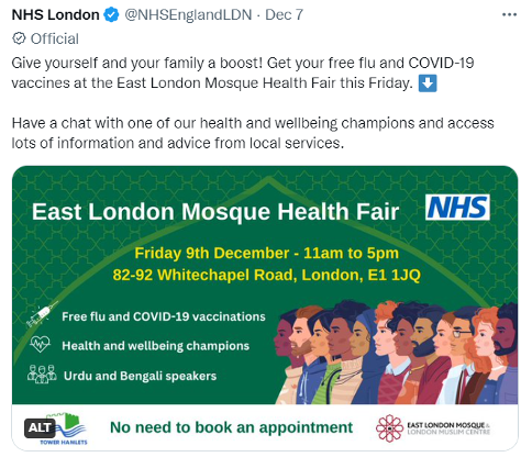 Screenshot of a twitter post from NHS London, advertising
