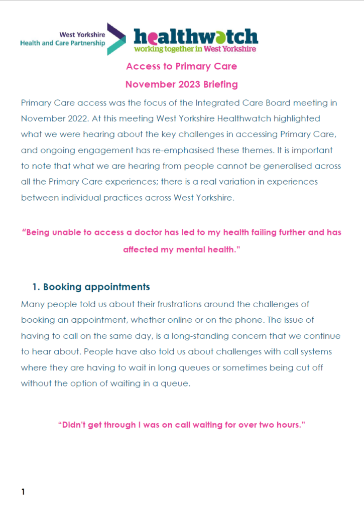 First page of the access to primary care november 2023 briefing paper by healthwatch working together in west yorkshire