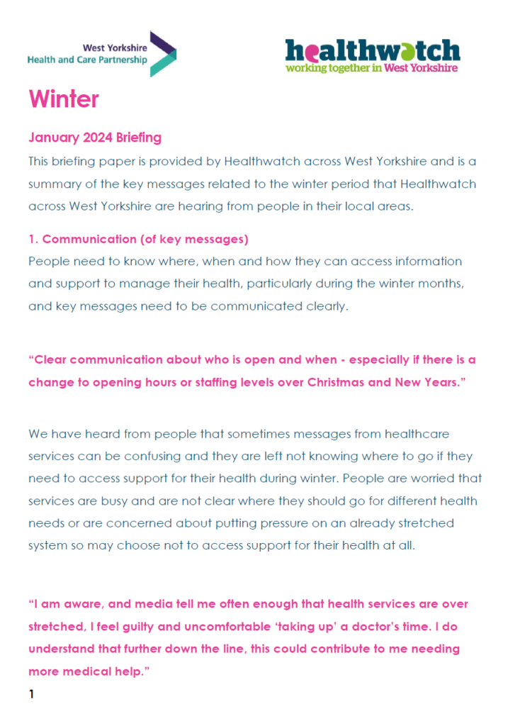 First page of the winter January 2024 briefing paper by healthwatch working together in west yorkshire
