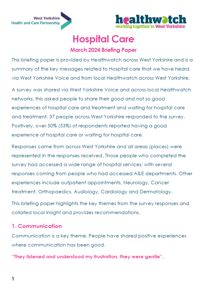 First page of the hospital care march 2024 briefing paper