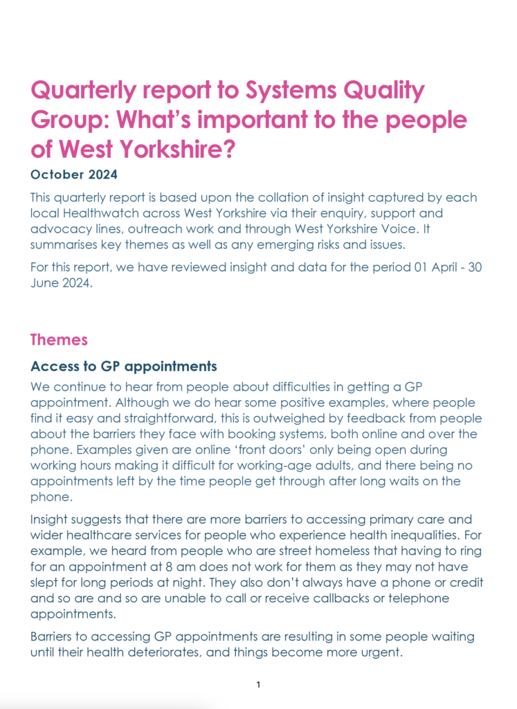 The first page to the quarterly report to the system quality group, october 2024