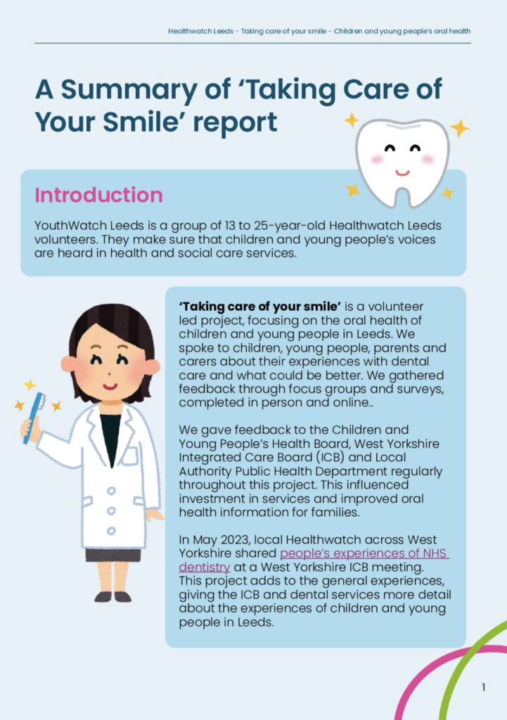 Front page of the summary of the taking care of your smile report