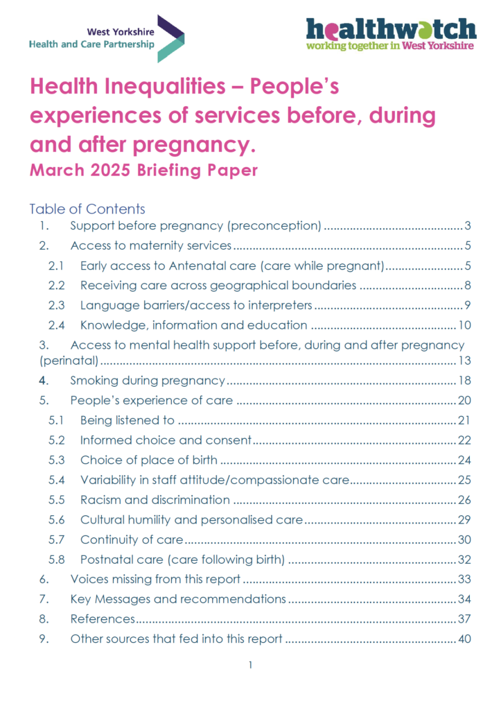 the first page of the briefing paper on People's experiences of services before, during and after pregnancy.